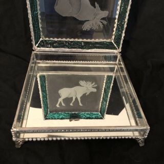Vtg Beveled & Leaded Glass Jewelry Box Etched Moose Mirrored Stone Handle Footed 5