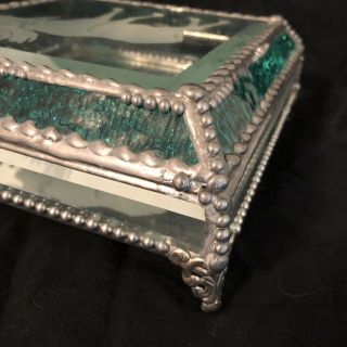 Vtg Beveled & Leaded Glass Jewelry Box Etched Moose Mirrored Stone Handle Footed 6