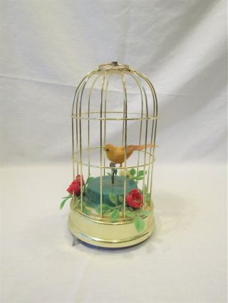 Vintage Musical Bird In Gold Tone Cage Yellow Canary Japan