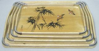 Vintage Asian Birds Bamboo Wood Metal Nesting Serving Trays Mid Century Set Of 4