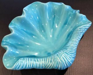 Blue Glass Seashell Dish Decorative Fluted Bowl Width 16” Depth 13” Height 5”