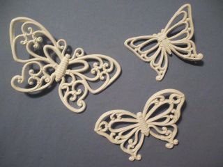 Home Interior Vintage White Wicker Butterfly Wall Plaques - Set Of 3 - Reconditioned