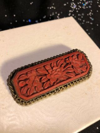Antique Oriental Filigree Red Flowered Cloisonné Brooch Pin