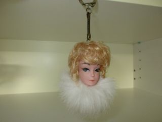 Vintage Barbie Bubble Cut Blonde Head Key Chain With Rabbit Fur Collar