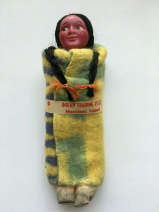 Antique Native American Indian Doll W/ Wool Blanket From Mackinac Island