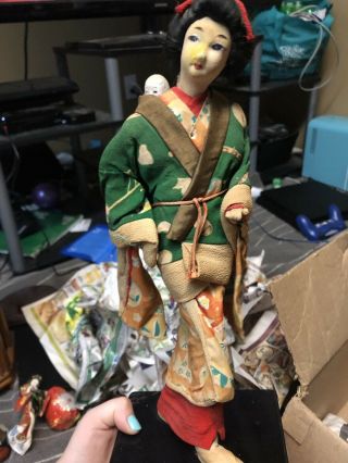 Antique Fabric Asian Doll With Baby On Back