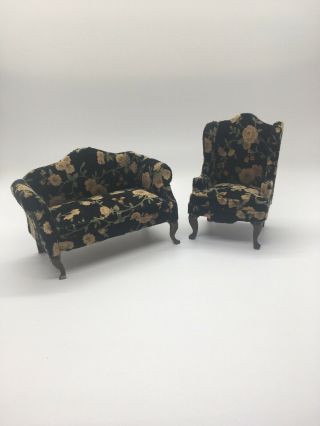 Vintage Miniature Doll House Floral Upholstered Couch And Wingback Chair