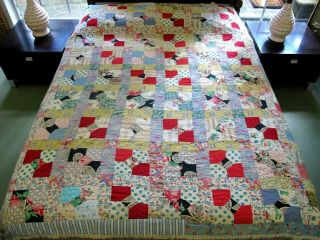 Needs Tlc Vintage Feed Sack Hand Pieced & Quilted Bow Tie Rustic Quilt 79 " X 70 "