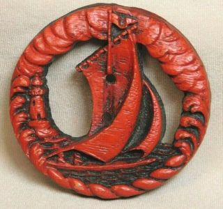 Very Large Antique Vtg Button Carved Red Wood Sail Boat 2.  0 M6