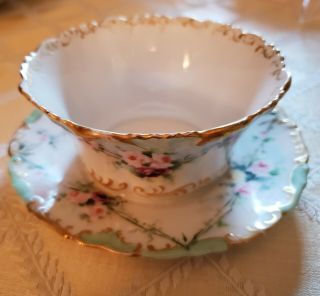 Antique T&v Limoges France Hand Painted Porcelain Bowl And Attached Underplate