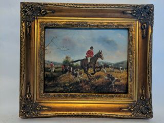 Ornate Framed,  Hand Painted Oil Painting 8x10 Inch,  Horse,  Dog,  Hunt