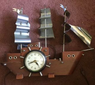 Vintage United Metal Goods Electric Wooden Nautical Sailing Ship Clock Lights Up