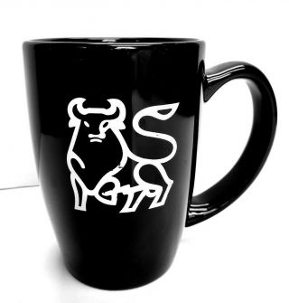 Vtg Merrill Lynch Black Coffee Mug Wall Street Investment Banking Bull Logo