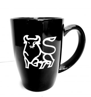 Vtg Merrill Lynch Black Coffee Mug Wall Street Investment Banking Bull Logo 5