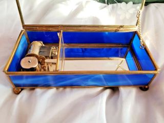Vintage Music Box Wind Up Blue Stained Glass Etched Flower With Mirror Bottom