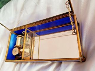 Vintage Music Box Wind up Blue Stained Glass Etched Flower with Mirror bottom 2
