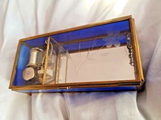 Vintage Music Box Wind up Blue Stained Glass Etched Flower with Mirror bottom 3