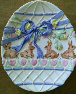 Fitz & Floyd Essentials Embossed Easter Egg Shaped Plate Bunnies Flowers Ribbon