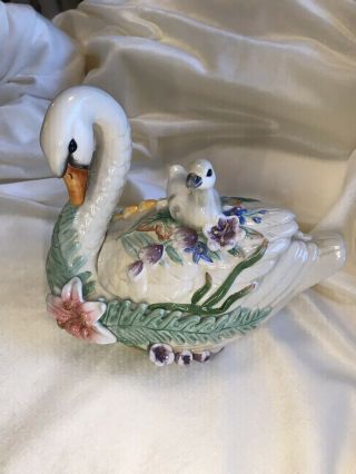 Fitz And Floyd Garden Floral Swan Candy Dish With Lid
