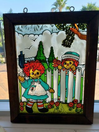 Raggedy Ann & Andy Unique Stained Glass Wood Framed Picture 9 " X12 " From 1971