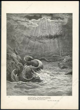 1883 Giant Sea Monster Paradise Lost Gustav Dore Antique Print 2