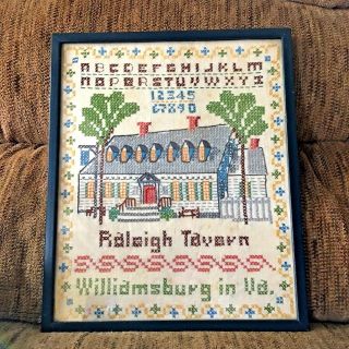 Vintage Framed Cross Stitch Sampler Completed Raleigh Tavern Williamsburg Va.