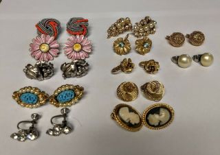 Antique Vintage 9 Pairs Screw On & Clasp Back Earrings,  13 Pair