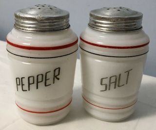 Vintage 4.  5 " White Milk Glass Salt & Pepper Shakers Red Black Stripe Estate Find