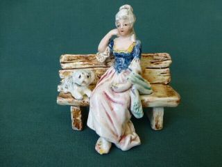 Antique Majolica Lady With A Dog Sitting On A Bench