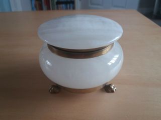 Vintage Large Cream Alabaster Marble Jewellery Box With Brass Feet/fittings Vgc
