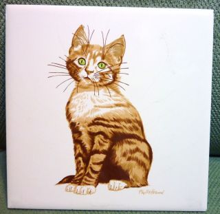 Vtg Red Hair Cat Hand Crafted Ceramic Tile Screen Craft Product Usa Signed Front