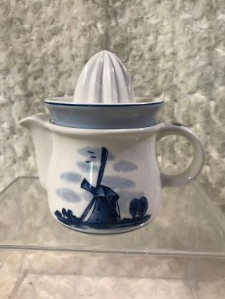 Antique Vintage Porcelain Ceramic Juicer With Bowl 2 - Piece Delft Blue Windmill