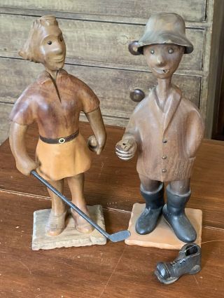 2 Romer Mid Century Modern Carved Wood Figures Fisherman Golfer Made In Italy