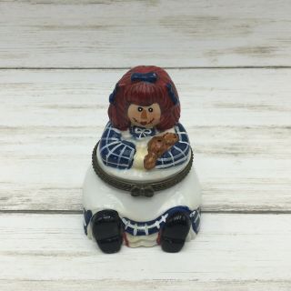 Raggedy Ann Ceramic Trinket Box With Miniature Teddy Bear Treasure Hinged