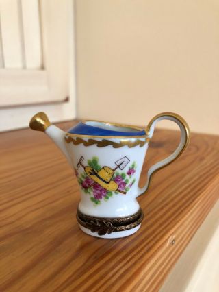 Limoges Vintage Porcelain Watering Can Trinket Box Hand Painted Signed