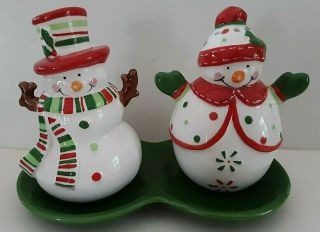 Bella Casa By Ganz Snowman Couple With Tray Salt And Pepper Shakers