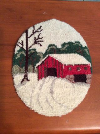 Rug Hooked Wool Christmas Covered Bridge Oval By Floras 8” X 6”