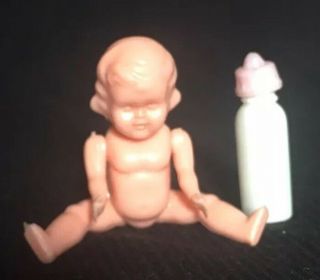 Vintage Hard Plastic Jointed Toddler Baby Girl Doll House Miniature 2.  5 ",  Bottle