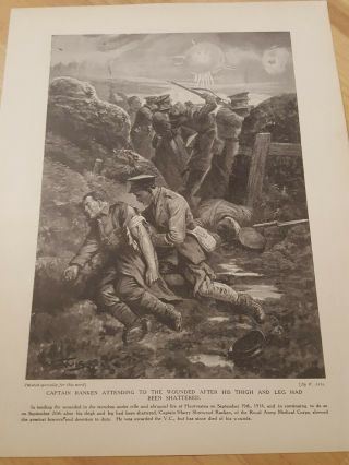 Wwi Antique Illustration Captain Ranken Victoria Cross Ramc Helping Wounded