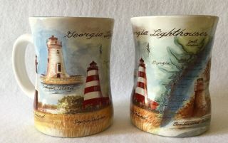 Set Of 2 Vintage (1998) Georgia Lighthouses Embossed Ceramic Coffee Mugs 12 Oz