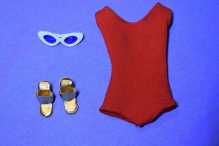Vintage Barbie Pak: Helenca Swim Suit,  Sunglasses And Gold Sandals Early 60 