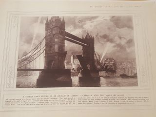 World War One Antique Print Wwi Zeppelin Over London Tower Bridge