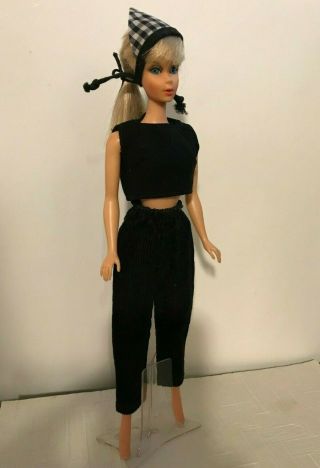 1960s Mod Barbie Clone 3 Pc Outfit - Black Top,  Pants,  B&w Checked Head Scarf
