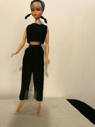 1960s MOD Barbie Clone 3 pc Outfit - Black TOP,  PANTS,  B&W Checked HEAD SCARF 2