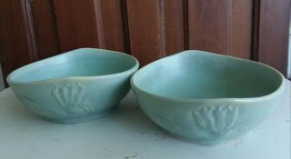 Antique Weller? Art Pottery Lotus Water Lilly Flower Bowls Majolica Green 2pc