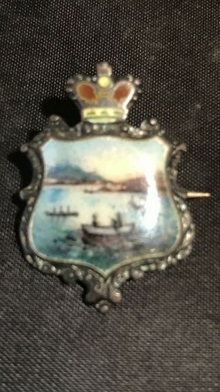 Sterling Silver Antique Pin With Enamel Picture.