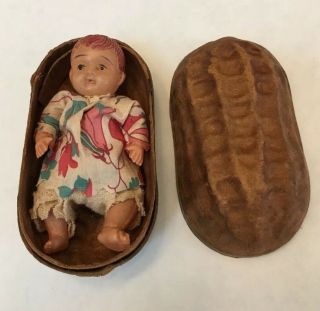 Antique Paper Mache Peanut Celluliod Baby Doll With Clothes