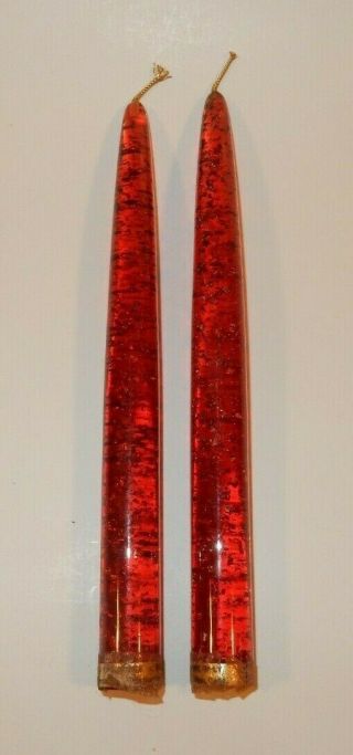 Pair (2) Red Lucite Candles With Gold Flakes Flecks & Gold Wick Yy