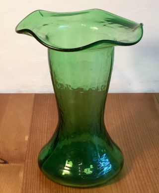 Antique Art Nouveau Green Ribbed Glass Vase,  Wavy Rim