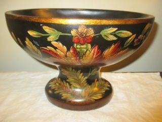 Solid Wood Handpainted Compote,  Planter,  Centerpiece Bowl,  Black,  Gold,  Floral